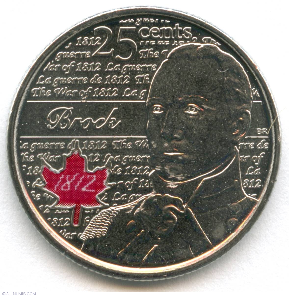 Canada 2012 War of 1812"General Brock 25-cent 2 Coins Coloured/Non-Coloured 
