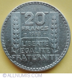 20 Francs 1933 SL -  Short Leaves