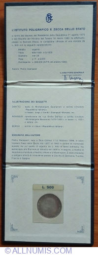 500 Lire 1975 - Michelangelo