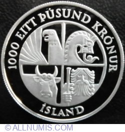 Image #2 of 1000 Kronur 1974 - 1100th anniversary of the first settlement on the island