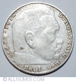 Image #2 of 2 Reichsmark 1937 J - Paul von Hindenburg