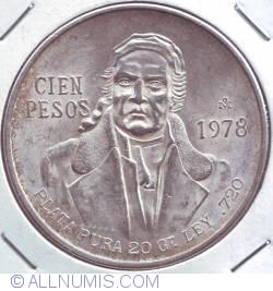 MEXICO 1978 Brilliant Uncirculated Morelos Silver 100 Pesos KM-483.2