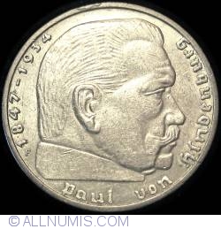 Image #2 of 2 Reichsmark 1939 F - Paul von Hindenburg