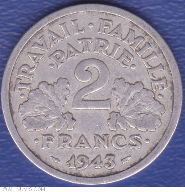 2 Francs 1943 Vichy regime 1940 1944 France Coin 211