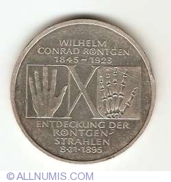 Image #2 of 10 Mărci 1995 D - 150 de ani de la naşterea lui Wilhelm Conrad Rontgen și a 100-a aniversare a razelor X