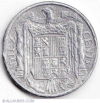 10 Centimos 1945 Francisco Franco 1939 1955 Spain Coin 12566