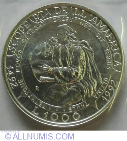 Image #1 of 1000 Lire 1992 R - 500th Anniversary of the Discovery of America