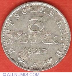 3 Mark 1922 A - 3rd Anniversary of Weimar Constitution