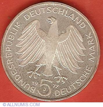 Germany Silver 5 Mark 1977-J KM#145 200th Anniversary Birth Carl Friedrich Gauss